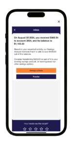 screenshot of Avidia Bank online banking Personetics feature: shows money insights identifying an opportunity to save money